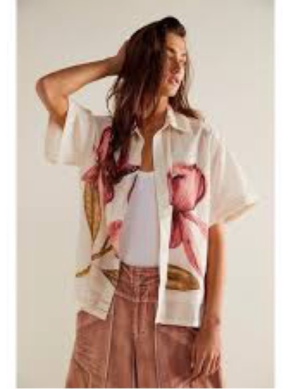 We The Free Cream Button-Down Shirt with Pink Floral Motif